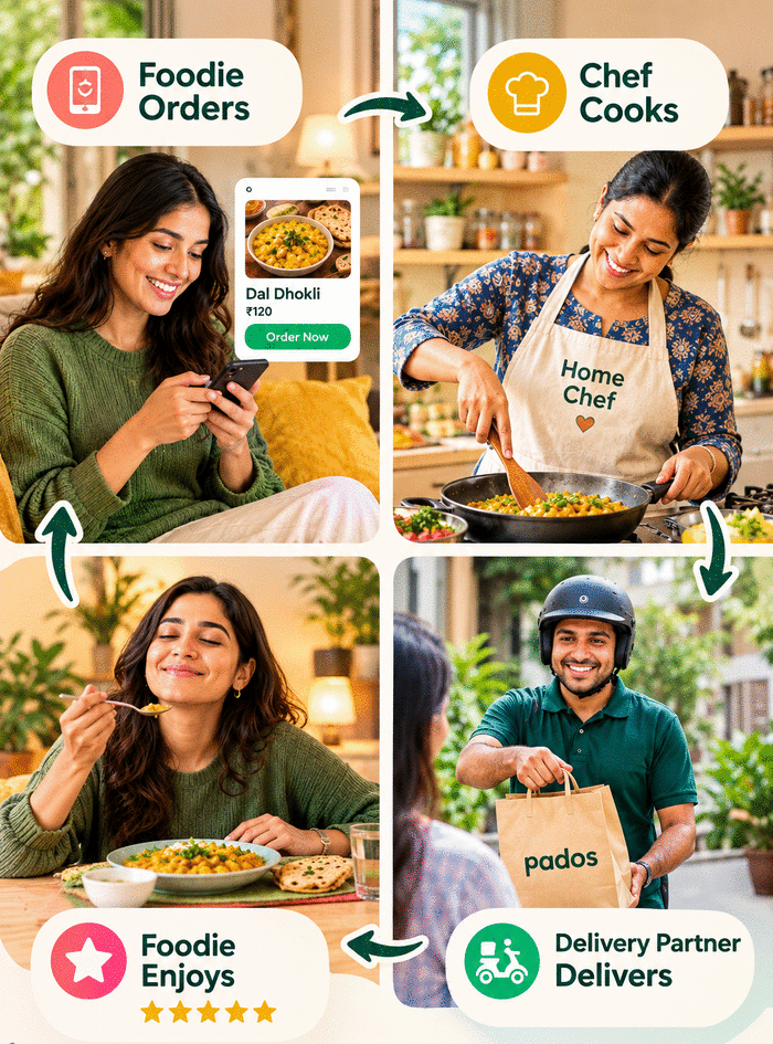 The Pados cycle: foodie orders, cook cooks, Delivery Partner delivers, foodie enjoys